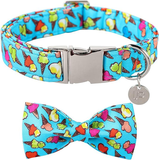 Summer Dog Collar with Bow Tie, Cotton Cute Bowtie Dog Collar, Summer Bowtie Collar for Medium Boy Girl Dog, Comfortable Blue Dog Collar with Metal Buckle, M