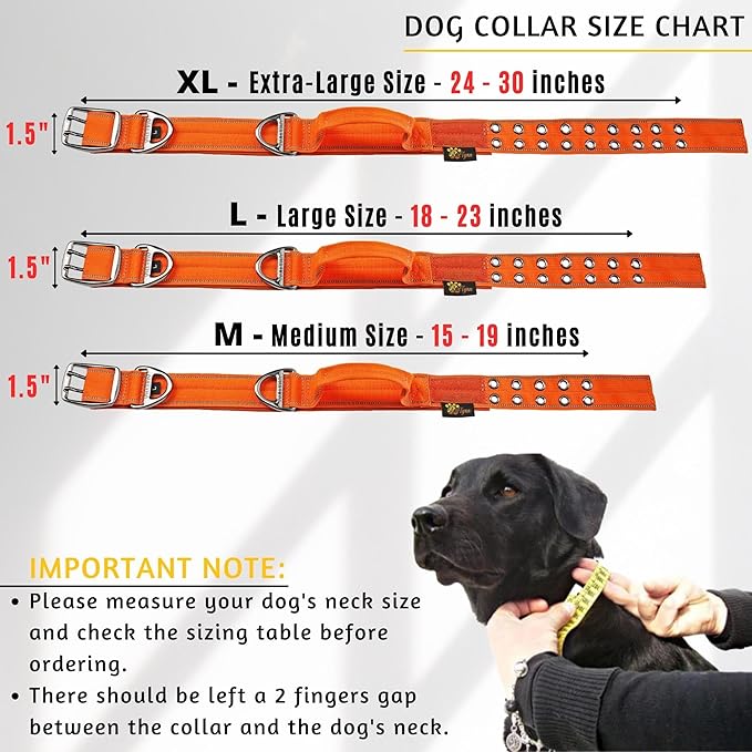 ADITYNA Heavy Duty Dog Collar for Extra-Large Dogs - Reflective Orange Collar with Handle for Training, and Walking - Wide, Thick, Tactical, Soft Neoprene Padded