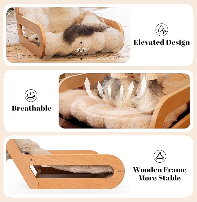 Elevated Cat Couch Bed for Indoor, Wooden Cats Sofa with Washable Fluffy Cover Raised Kitty Lounge Chair Suitable for Puppy(Cat Lounge Khaki)