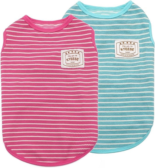 KYEESE 2Pack Dog Shirts Striped for Small Dogs Soft Stretchy Dog T-Shirts Lightweight Tank Top Sleeveless Vest Breathable Cat Outfit, Small, Rose Red+Blue