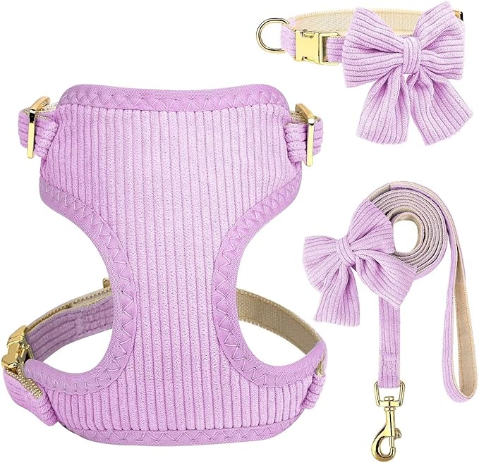 Didog Cute Small Dog Harness Collar & Leash Set, Adjustable Dog Collars and Leashes with Bowtie, Breathable Soft Mesh Padded Dog Vest for Puppies Small Dogs Walking, Purple, M