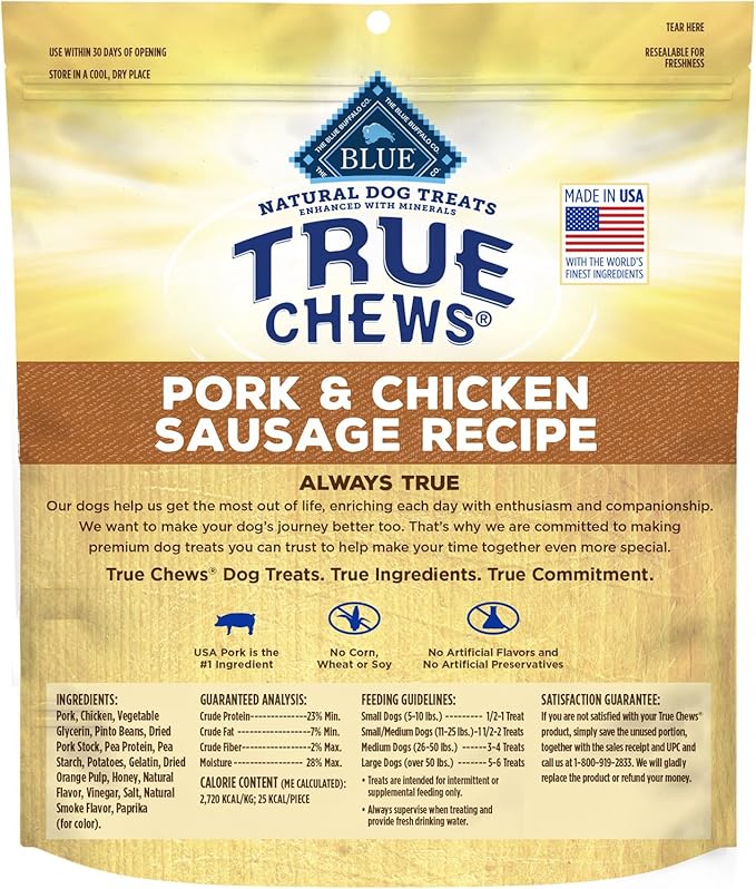 Blue Buffalo True Chews Dog Treats, Made in the USA with Natural Ingredients, Pork and Chicken Sausage Recipe, 14-oz Bag
