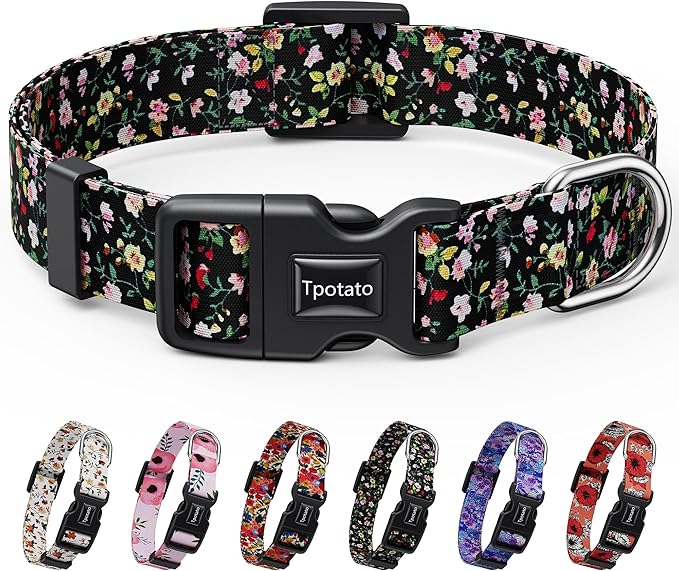 Tpotato Reflective Combination Pattern Girl Dog Collar for Puppy Small Medium Large Breed Dogs,Female Cute Floral Designer Dog Collars,Adjustable Soft Nylon Pet Collar,Quick Release Dog Collar S