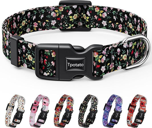 Tpotato Reflective Combination Pattern Girl Dog Collar for Puppy Small Medium Large Breed Dogs,Female Cute Floral Designer Dog Collars,Adjustable Soft Nylon Pet Collar,Quick Release Dog Collar S