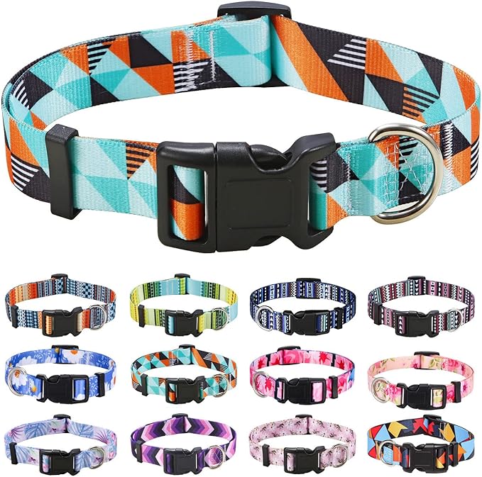 Dog Collar with Bohemia Floral Tribal Geometric Patterns - Soft Ethnic Style Collar Adjustable for Small Medium Large Dogs(Geometry,M)