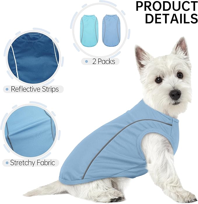 PUMYPOREITY 2Pack Dog Shirt for Small Dogs with Reflective Strip Safety for Night Walking, Soft Breathable Stretchy Tank Top Vest, Lightweight Stretchy Puppy Shirt, Blue, XS