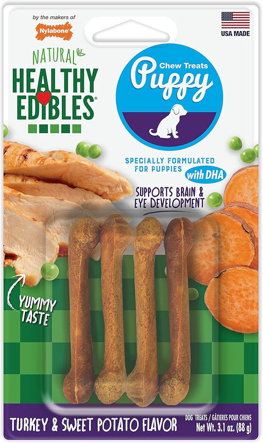 Nylabone Healthy Edibles Natural Puppy Chews Long Lasting Treats for Puppies, Turkey & Sweet Potato Flavor, X-Small/Petite (4 Count)
