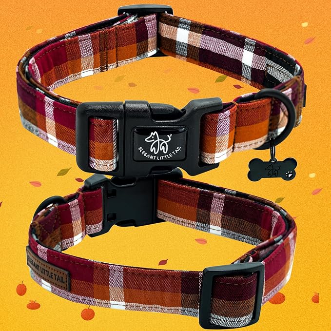 Elegant little tail Fall Dog Collar, Plaid Puppy Collars Fall Yellow Male Cute Puppy Adjustable Cotton Pet Collar with Quick Release Buckle for Small Medium Large Dogs