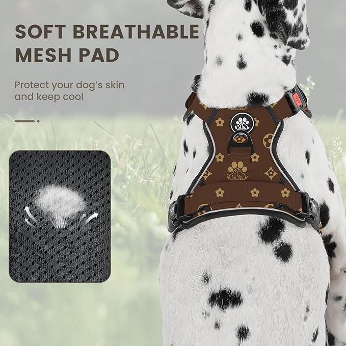FURRYFECTION Dog Harness | No Pull Dog Harness | Reflective Oxford | Padded Handle | 4 Adjustable Straps | 2 Leash Clips | No Choke Pet Vest Harness for Small Medium Large Dogs | Dark Brown | M