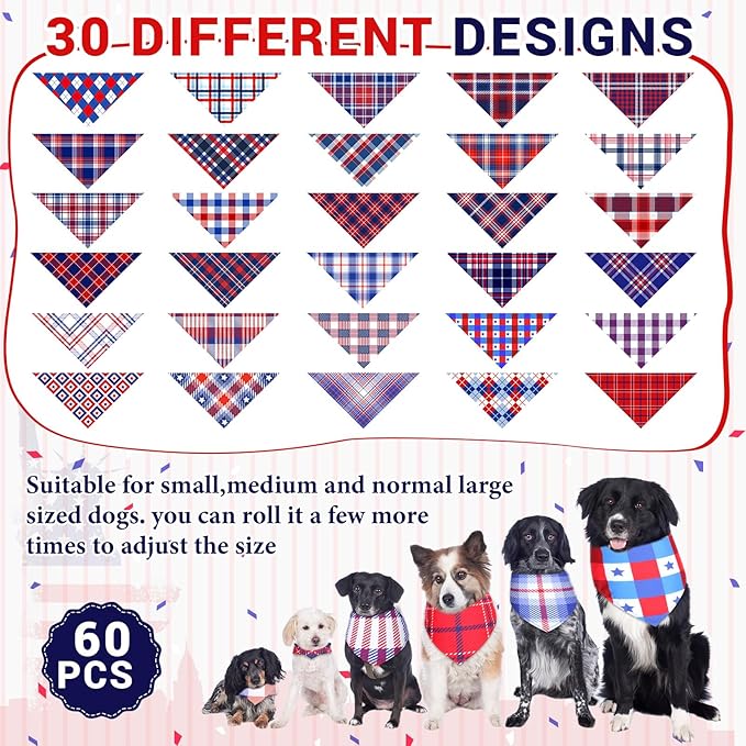 Geyoga 60 Pcs 4th of July Plaid Dog Bandanas Bulk Pet Grooming Scarf Bibs Supplies Adjustable Washable Kerchief Pet Groomer Accessories for Small to Large Cats Dogs Costume Party