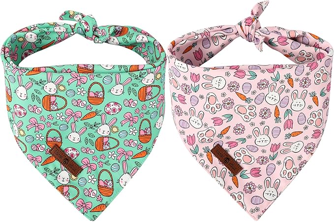 Lionet Paws Easter 2pcs Dog Bandanas, Pink Rabbit Dog Scarf Bib Premium Fabric,Cute Rabbit Claw Flower Bandanas for Medium Large Dogs Pets