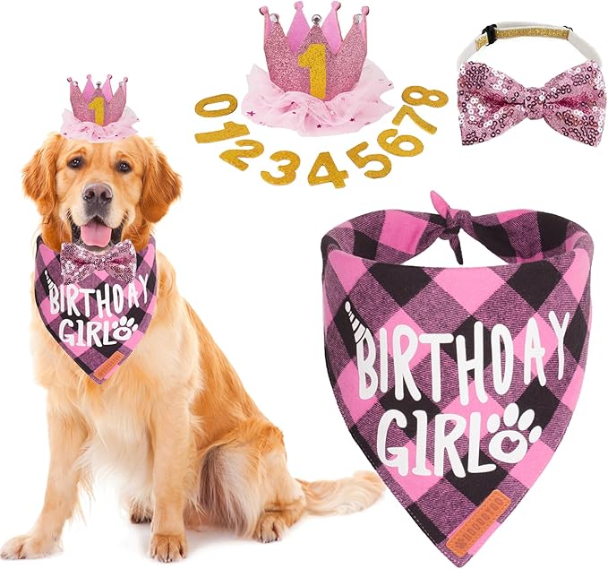 ADOGGYGO Dog Birthday Party Supplies, Multi Size Offered, Birthday Girl Dog Bandana, Pink Party Hat Crown with Numbers for Extra Large Dogs Pets (X-Large)