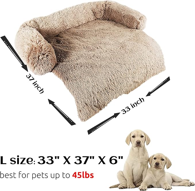 HACHIKITTY Calming Pet Sofa Bed Mat, Washable Plush Couch Cover, Furniture Protector for Dogs and Cats, Fluffy Dog Couch Bed with Anti-Slip Bottom (37"x 33"x 6", Camel)