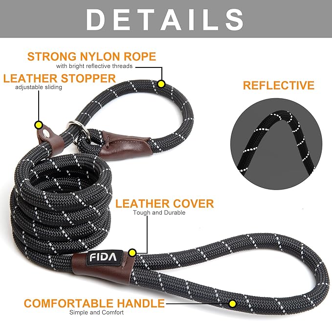Fida Durable Slip Lead Bulk Pack of 5, Heavy Duty 1/2" x 6 FT Comfortable Strong Rope Slip Leash for Large, Medium & Small Dogs No Pulling Pet Training Leash with Highly Reflective Strips (Black)