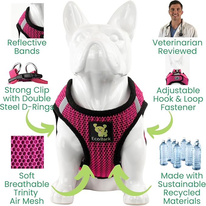 EcoBark Step in Dog Harness - Eco-Friendly Teacup Dog Harnesses for XXS, XS, and Small Dogs - Reflective and Adjustable Mini Body Halter Vest -Tiny Soft Mesh Toy Breed Harness (Fuchsia Pink, XXXS)