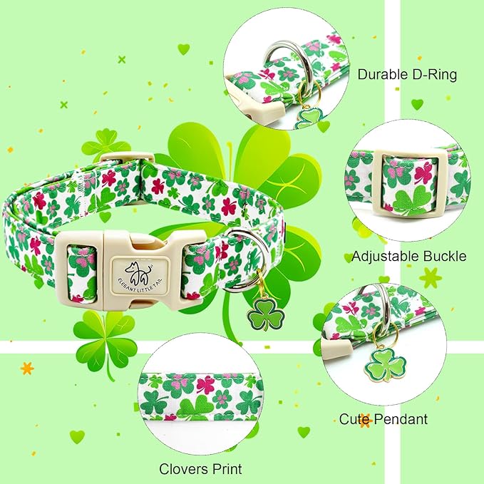 Elegant little tail St Patrick's Dog Collar-Green Cute Colver Cotton Shamrock Pet Collar Trefoil Holiday Adjustable Cotton Pet Collar with Quick Release Buckle for Small Medium Large Dogs