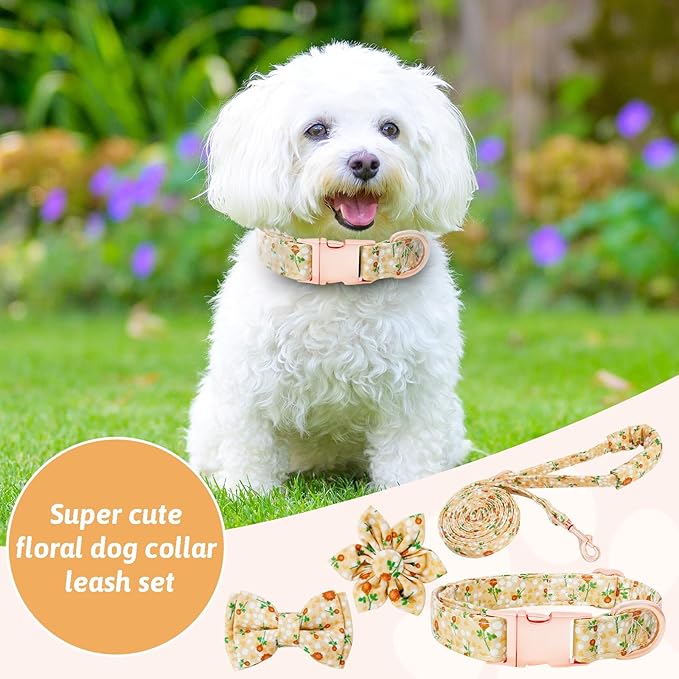 Dog Collar and Leash Set Girls Adjustable Puppy Collars with Floral Bow Tie for Small Medium Large Female Dogs, YellowFlower, S