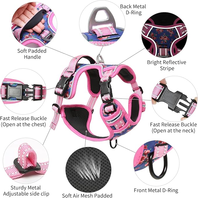 Timos Dog Harness, NO Need Go Over Dogs Head 3 Snap Buckles Pet Harness with 2 Leash Clips, Adjustable Soft Padded No-Pull Dog Harness, Reflective No-Choke Pet Oxford Vest for Small Medium Large Dogs