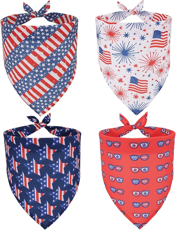 ADOGGYGO 4 Pack American Flag Dog Bandanas, Red Blue USA Flag Star Pet Scarf Bib, Pet 4th of July Bandanas Costume Accessories for Small Dogs (Small)