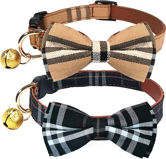 KUDES 2 Pack/Set Dog Collars with Bow Tie and Bells, Adjustable Cute Dog Bow Ties Collar for Small/Medium/Large Boys and Girls Pets (Black+Brown, S(9.6''-13.8''))