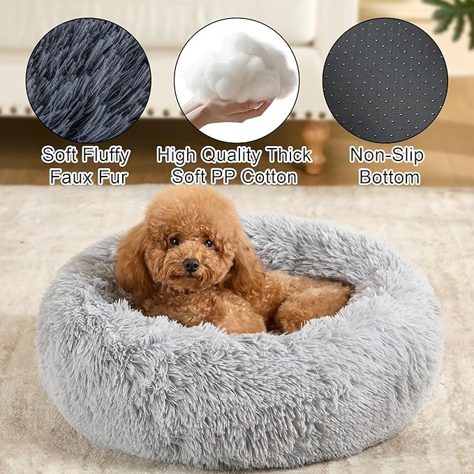 Dog Calming Beds for Small Medium Dogs - Round Donut Washable Dog Bed, Anti-Slip Faux Fur Fluffy Donut Cuddler Anxiety Cat Bed(Light Grey 16")