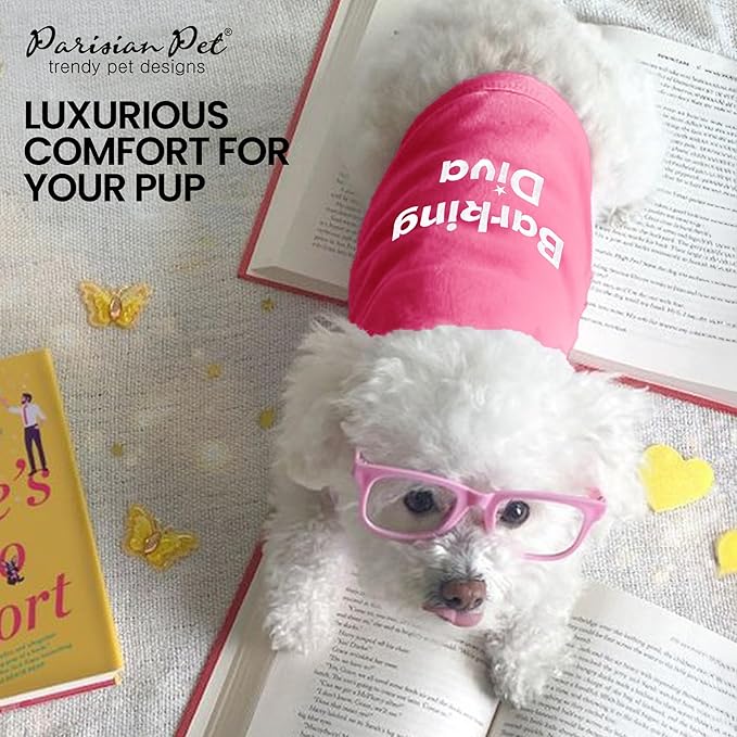 Parisian Pet Dog Tshirt - Embroidered “Barking Diva“ Girl Tank Top - Breathable and Lightweight Dog Clothes Female - Sleeveless Pink Tee Shirts for Small Dogs - S