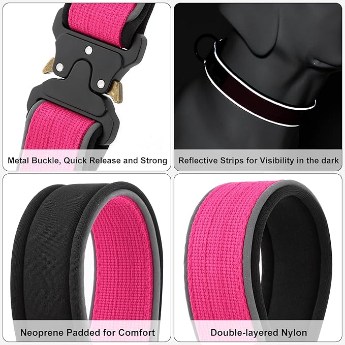 Plutus Pet Tactical Dog Collar, Reflective, Adjustable Heavy Duty Dog Collar, Soft Padded and Comfortable, for Small Medium and Large Dogs (Hot Pink, XS)