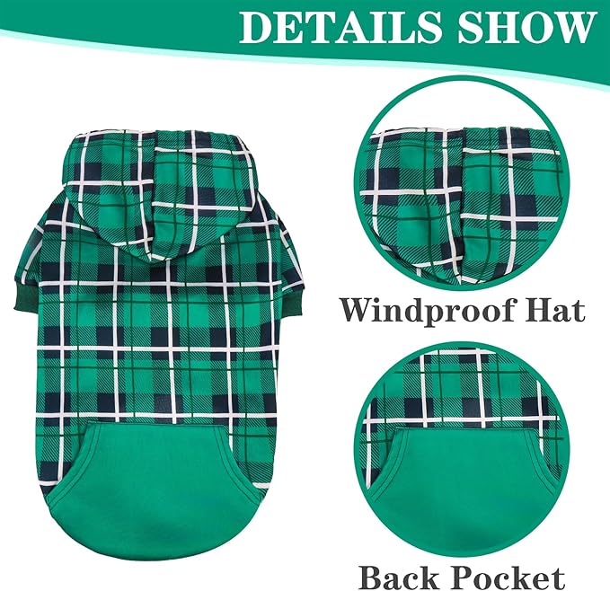 EXPAWLORER Plaid Dog Hoodie - British Style Warm Dog Sweater Shirt with Leash Hole,Pitbull Clothes Outfits,Winter Coat Apparel for All Breeds Puppy Girl Boy-Cat Apparel