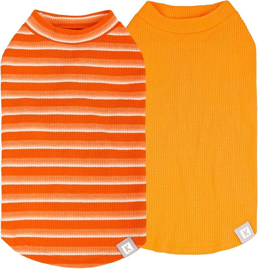 KYEESE 2Pack Waffle Dog Shirts for Small Dogs Stretchy T-Shirts Lightweight Tank Top Sleeveless Striped Shirt Vest Breathable Cat Shirt, Large, Orange+Striped