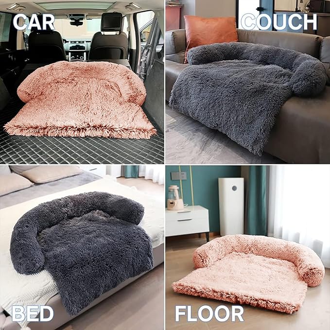 Calming Dog Bed Fluffy Plush Dog Mat for Furniture Protector with Removable Washable Cover for Large Medium Small Dogs and Cats (Medium, Pink)