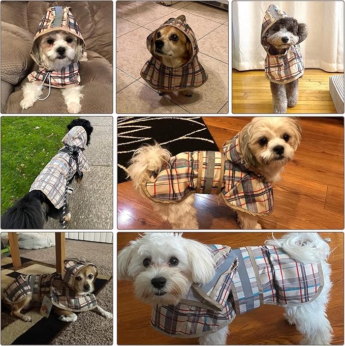 KOOLTAIL Dog Raincoat Hooded Slicker Poncho with Leash Hole, Raincoat for Small Medium Dogs, Waterproof Doggie Rain Jacket with Reflective Strip, Adjustable Breathable Plaid Puppy Rainwear-Beige
