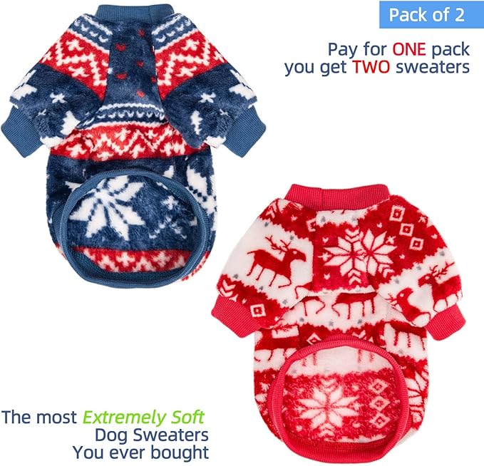 FabriCastle Christmas Dog Sweater, 2-Pack Dog Clothes, Ultra Soft and Warm Pet Jackets for Small Dogs & Cats, Winter Pet Apparel Costumes, Puppy Outfits (Red,Blue, Small)