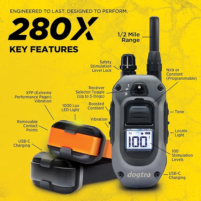 Dogtra 280X 2-Dogs E-Collar with Remote [New Edition] 10 lbs+, 1/2 Mile Range, LED Light, 100 Levels of Control for Stubborn Dogs, Waterproof, Boost for Quick Recall, Vibration, Safety Lock & Tone