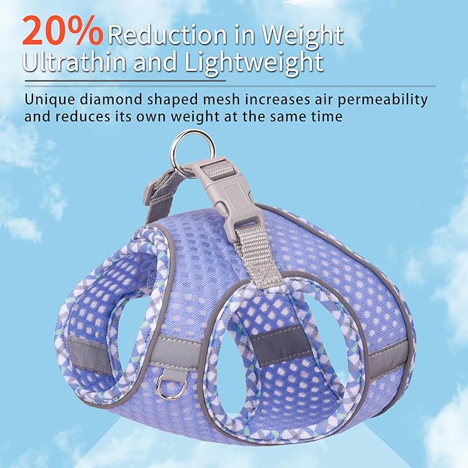 Tiny Dog Harness, All Weather Diamond Mesh, Reflective Stripes, No Pull Step in Lightweight Vest Harness for Puppy, Small Dogs and Cats Lavender XXXS