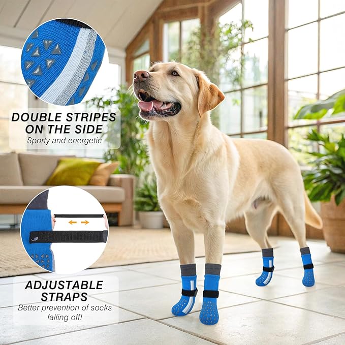 SCENEREAL Anti Slip Dog Socks for Hot Pavement to Prevent Licking Paws, Long Sporty Style Reflective Dog Grip Socks for Hardwood Floors, Dog Shoes Booties&Paw Protector for Large Senior Dog, Blue XL