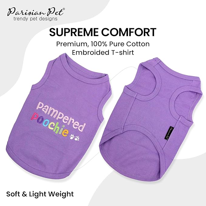Parisian Pet Dog T-Shirt - Embroidered Pampered Poochie Dog Clothes - 100% Cotton, Breathable Tank Top - Sleeveless Pet Vest - Machine Washable Shirts for Small Dogs - XS