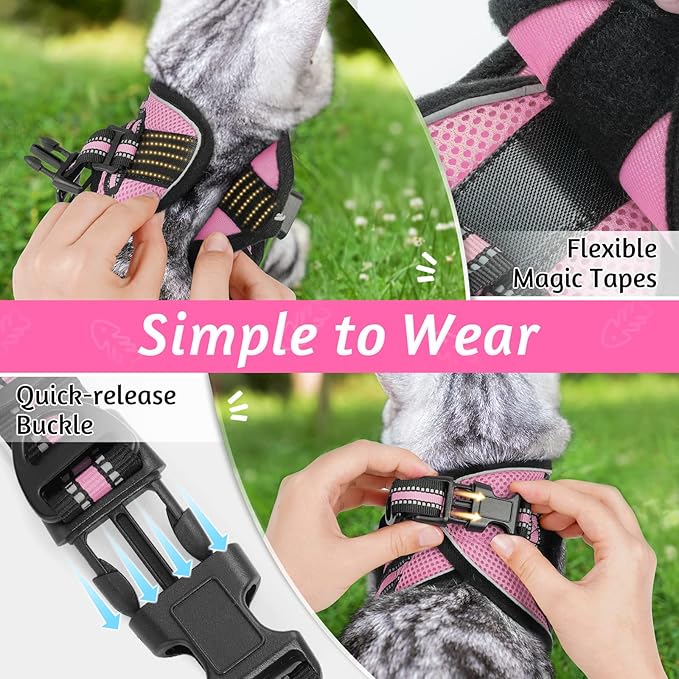 rabbitgoo Cat Harness and Leash Set for Walking Escape Proof, Adjustable Soft Kittens Vest with Reflective Strip for Cats, Comfortable Outdoor Vest, Pink, L
