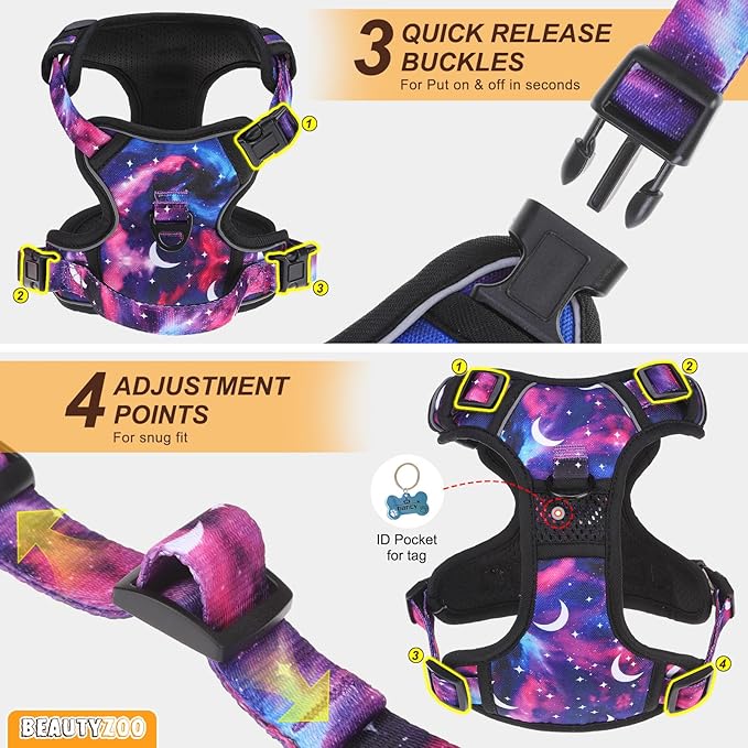 BEAUTYZOO No Pull Dog Harness Large, Adjustable Dog Harness and Leash Set -Easy Wearing with 3 Buckles/Control Handle,No Choke Soft Padded Reflective Pet Vest for Training Walking Hiking, XL
