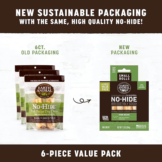 Earth Animal No Hide Small Long Lasting Dog Chew Rolls, Pork, 2 Count Pack of 3