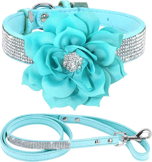 PET ARTIST Rhinestone Dog Collar and Leash Set, Sparkling Boy Dog Collars with Bling Diamonds, Soft Leather Blue Pet Collar with Cute Flower for Small Medium Dogs Walking Party Wedding,M