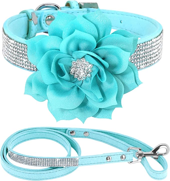 PET ARTIST Rhinestone Dog Collar and Leash Set, Sparkling Boy Dog Collars with Bling Diamonds, Soft Leather Blue Puppy Collars with Cute Flower for Small Dogs Cats Walking Party Wedding,XS