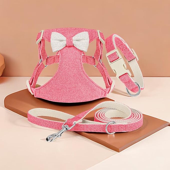 Didog Small Dog Harness Collar and Leash Set, Adjustable Lightweight Vest Harness with Cotton Soft Mesh for Small Dogs, Cats (Pink, XS)