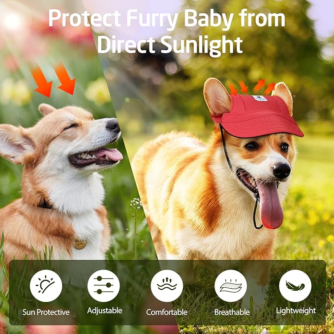 Pawaboo Dog Baseball Cap, Outdoor Pet Sport Sun Protection Baseball Cap Hat, Adjustable Travel Sport Hat Visor Sunbonnet Outfit with Ear Holes for Small Dogs Puppy, L, Red