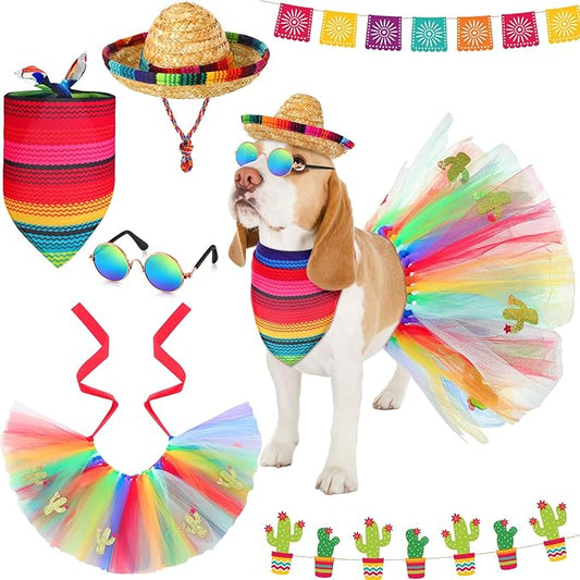 JaGely 4 Pieces Pet Mexican Costume Dog Outfit Accessories Includes Mexican Cinco De Mayo Pet Sombrero Hat, Triangle Dog Bandana Glasses and Tulle Tutu Skirt for Medium Large Pets Mexican Costume