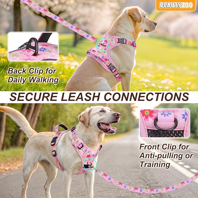 BEAUTYZOO No Pull Dog Harness Large, Adjustable Dog Harness and Leash Set -Easy Wearing with 3 Buckles/Control Handle,No Choke Soft Padded Reflective Pet Vest for Training Walking Hiking,Pink L