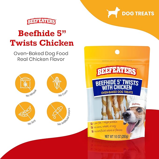 Beefeaters Beefhide 5in Twist with Real Chicken, 10oz – Protein-Rich Dog Treats for Clean Teeth, Ideal for Training & All Dog Sizes