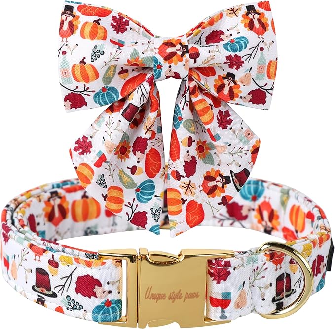 Unique Style Paws Cotton Thanksgiving Dog Collar with Bow Halloween Pumpkin Plaid Dog Collar with Bow Tie for Small Medium Large Dogs Pets Gifts