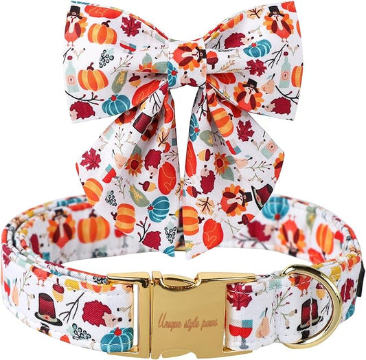 Unique Style Paws Cotton Thanksgiving Dog Collar with Bow Halloween Pumpkin Plaid Dog Collar with Bow Tie for Small Medium Large Dogs Pets Gifts