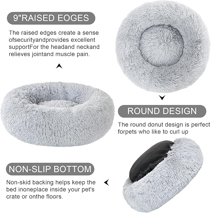 Dog Calming Beds for Small Medium Dogs - Round Donut Washable Dog Bed, Anti-Slip Faux Fur Fluffy Donut Cuddler Anxiety Cat Bed(Light Grey 16")