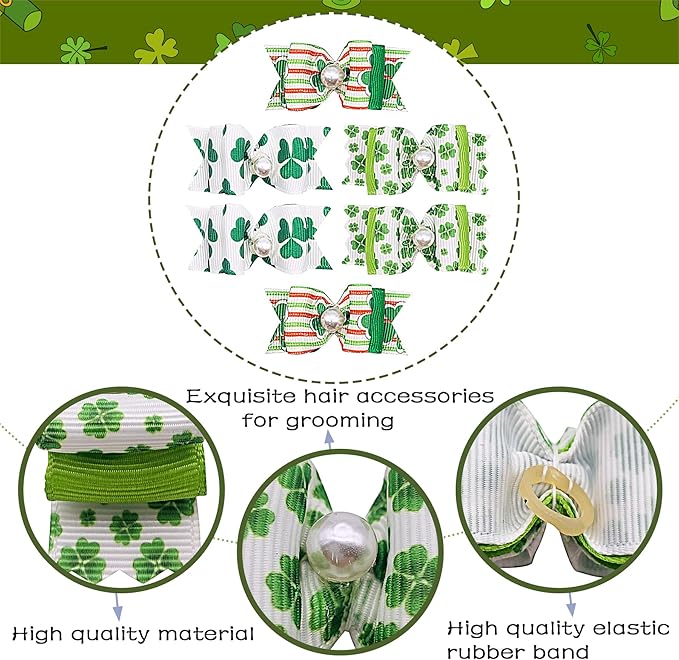 PET SHOW 20pcs St. Patrick's Day Small Dog Hair Bows with Rubber Bands for Medium Dogs Green Clover Puppies Cats Kittens Rabbits Topknot Grooming Costumes Hair Accessories